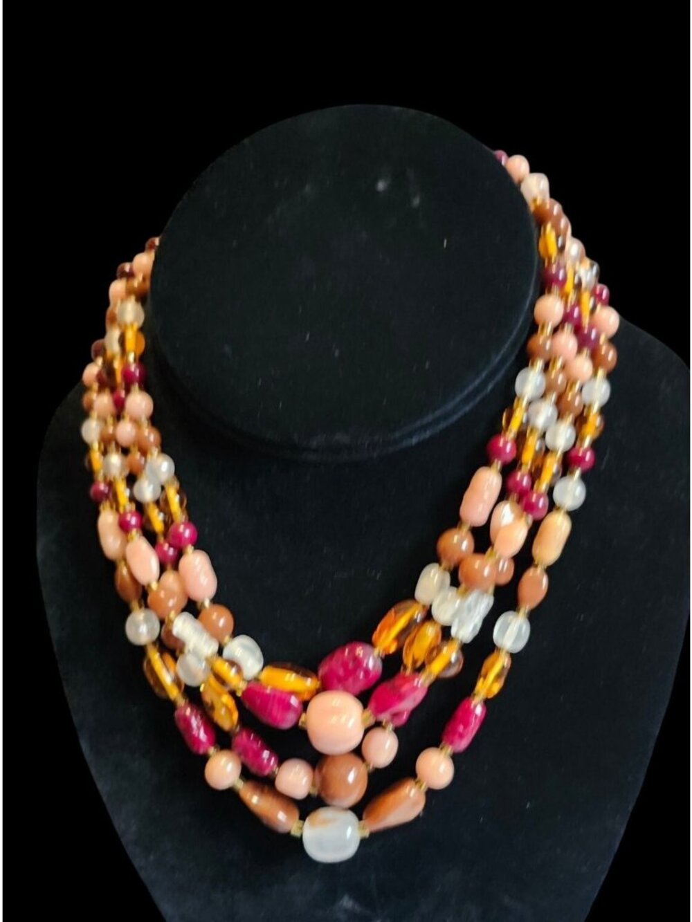Vintage Multi-Strand Amber Burgundy Cream Beaded Necklace Statement Jewelry